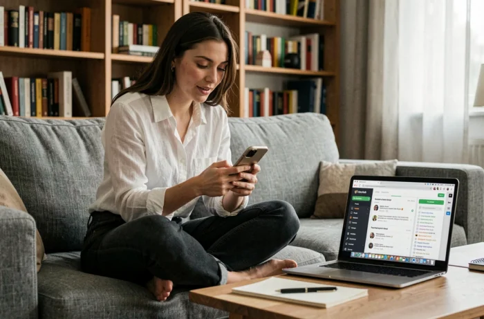 Jeune femme consultant une application d'agrégation de nouvelles sur smartphone et laptop depuis son salon pour optimiser sa veille web