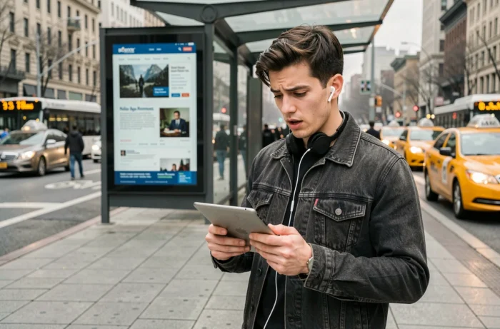 Jeune homme suivant l'actualité en temps réel sur une tablette à un arrêt de bus en ville