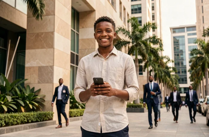 Jeune adolescent millionnaire africain debout devant un quartier d'affaires moderne, souriant avec confiance, tenant un smartphone