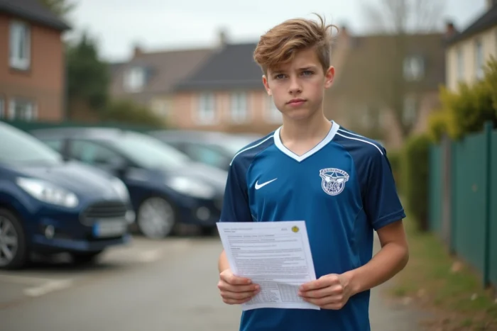 Jeune sportif tenant un formulaire de mutation de club devant un gymnase en Haute-Loire