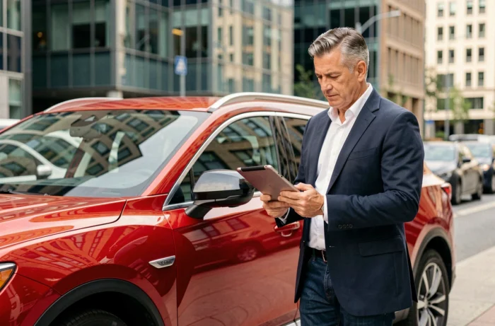 Journaliste automobile masculin analysant un SUV rouge sportif en milieu urbain avec une tablette numérique