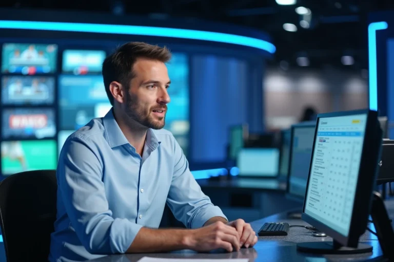 Journaliste sportif en direct dans un studio de télévision avec écrans d'actualités sportives en temps réel