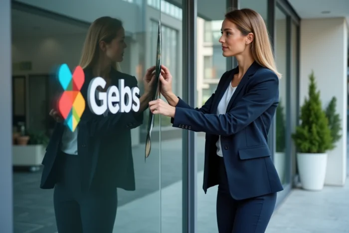 Femme en blazer marine révélant une nouvelle identité visuelle sur la façade d'un immeuble moderne, symbolisant le rebranding de Kibriv