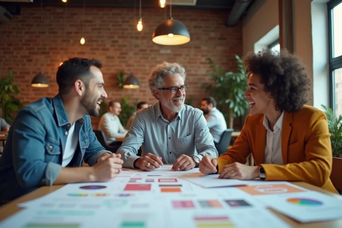 Équipe de professionnels travaillant sur la stratégie de rebranding et la nouvelle identité d'une marque autour d'une table de réunion