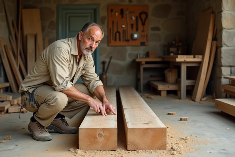 Charpentier comparant une lambourde et une solive en bois brut dans un atelier de menuiserie