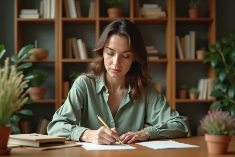Femme rédigeant une lettre d'excuses pour une absence à un mariage sur un bureau en bois avec des fleurs séchées