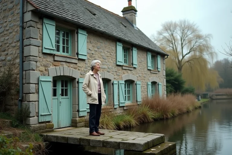 Maison éclusière en granite breton au bord d'un canal en Bretagne, avec une femme observant la bâtisse depuis un pont en pierre
