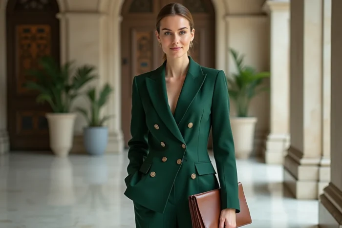 Femme élégante en blazer structuré vert et pantalon large tailleur dans le style Maje, dans un lobby de style haussmannien moderne