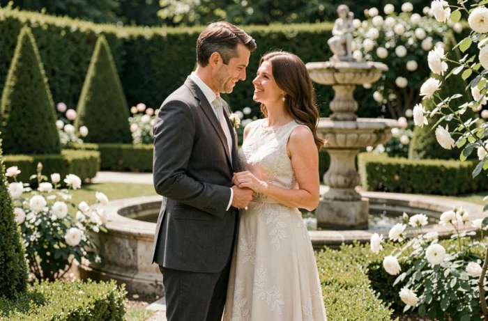 Couple élégant partageant un moment intime dans un jardin à la française lors de leur mariage, symbole de choix personnels et d'union