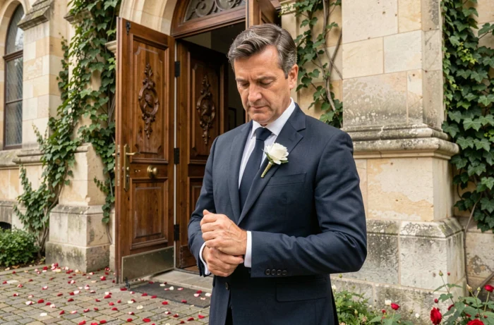 Homme élégant en costume marine devant les portes d'une église en pierre lors d'une cérémonie de mariage traditionnelle