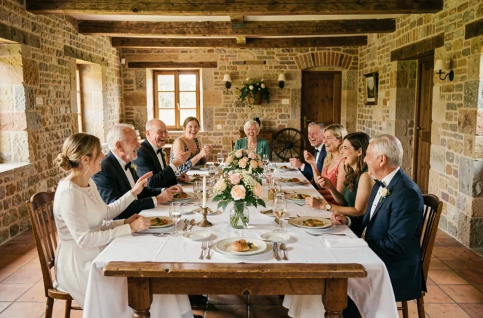 Famille multigénérationnelle réunie autour d'une table de banquet lors de la réception d'un mariage en mas provençal