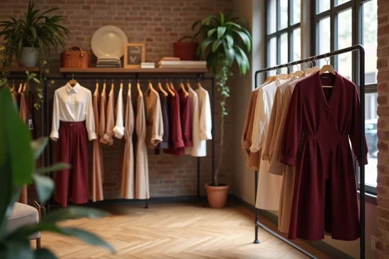 Intérieur d'une boutique parisienne élégante avec des vêtements féminins soigneusement présentés sur des portants en bois, évoquant le style des marques pour femmes de 35 ans