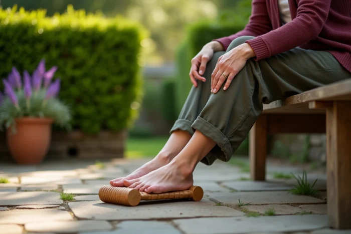 Femme senior utilisant un rouleau de massage en bois sous le pied pour stimuler la circulation sanguine dans un jardin
