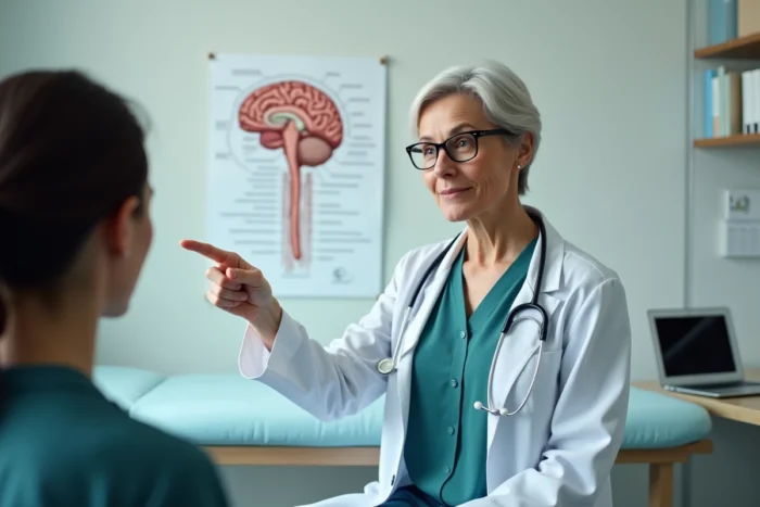 Médecin expliquant les causes des décharges électriques dans la tête à l'aide d'un schéma du cerveau