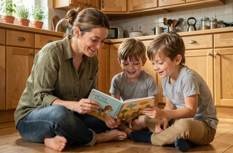 Mère et ses deux enfants consultant un planning familial coloré assis sur le sol d'une cuisine en bois naturel
