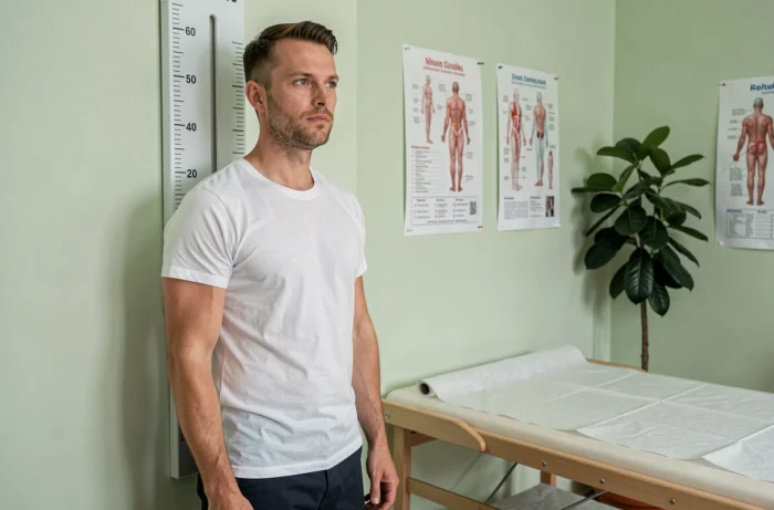 Homme adulte mesuré avec un stadiomètre dans un cabinet médical, illustration de la mesure de la taille moyenne des hommes en France en 2025
