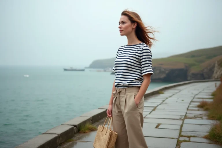 Femme portant une marinière bretonne rayée moderne et un pantalon en lin beige sur un quai en granit face à la mer en Bretagne