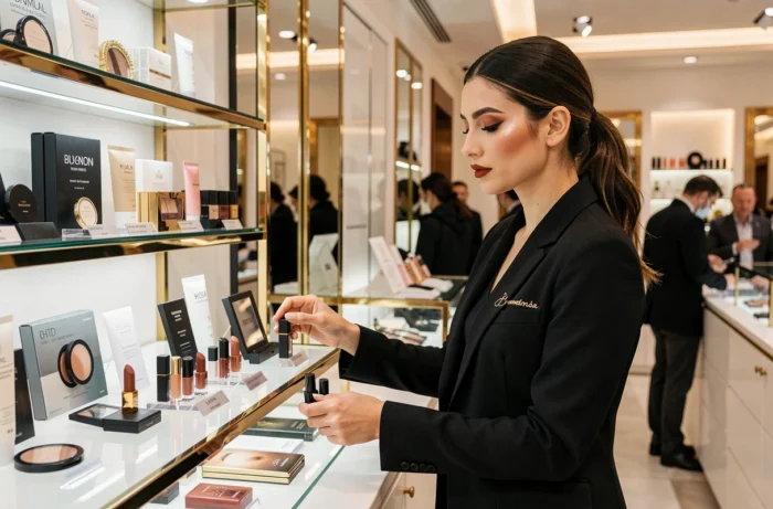 Conseillère beauté professionnelle arrangeant de nouveaux produits cosmétiques tendance sur le comptoir d'un grand magasin français