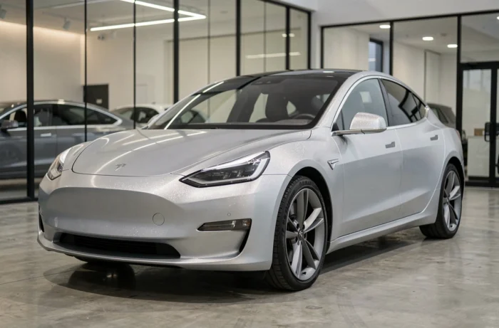 Nouvelle berline électrique aux lignes aérodynamiques exposée dans un showroom automobile moderne au sol en béton poli
