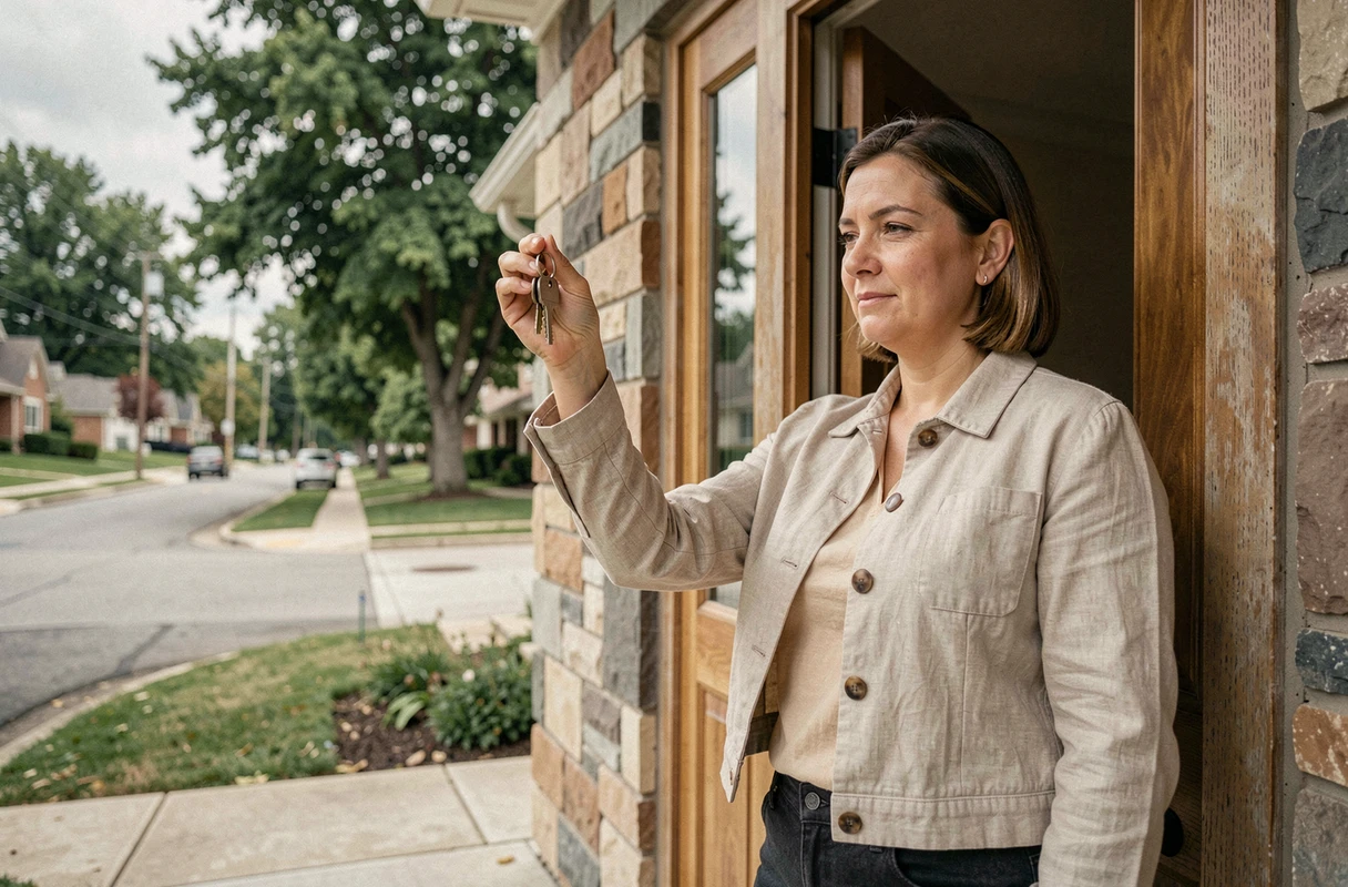 Nouvelle propriétaire tenant les clés de sa maison devant la porte d'entrée après la signature chez le notaire