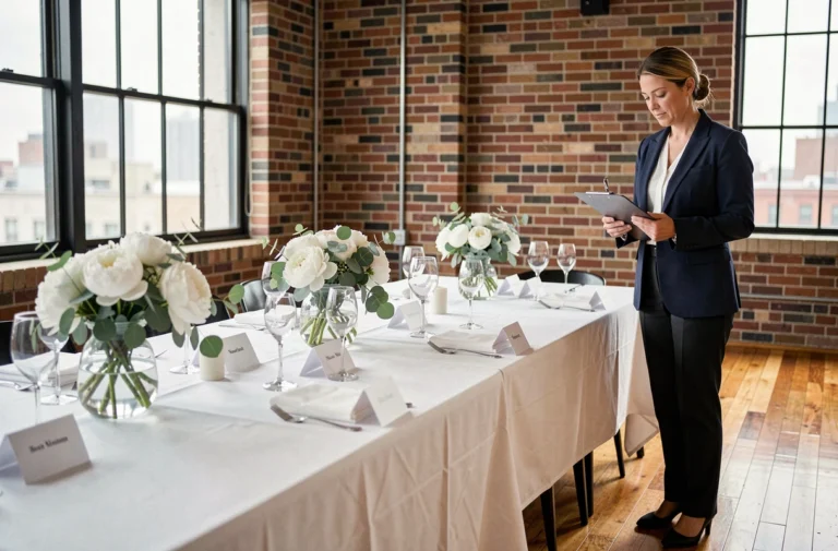 Femme organisatrice inspectant une table dressée avec élégance pour un événement professionnel dans un loft moderne aux murs en briques apparentes
