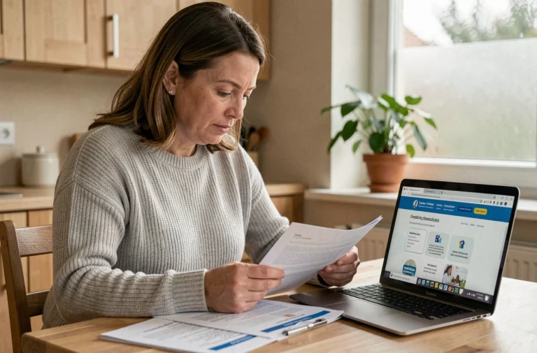 Mère de famille consultant le portail Cyclades sur son ordinateur portable à la table de cuisine avec des documents scolaires