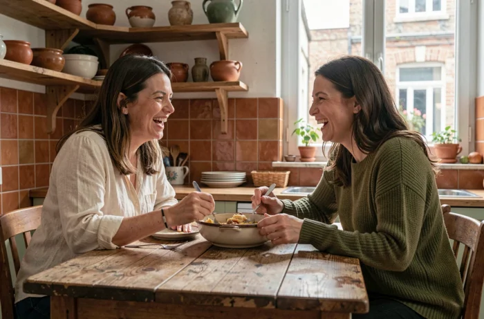 Deux femmes partageant un repas dans une cuisine conviviale, symbolisant le partage et la solidarité au quotidien