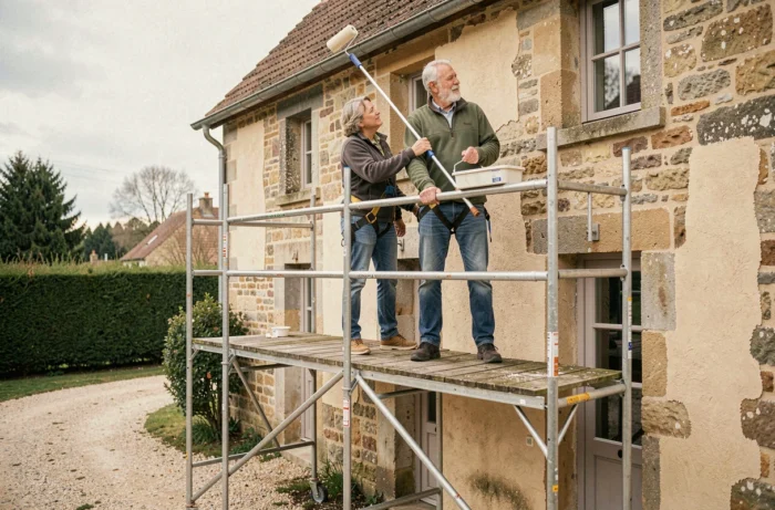 Couple de particuliers sur un échafaudage en train de peindre la façade en pierre de leur maison de campagne