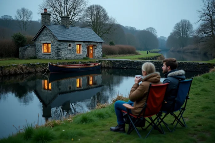 Paysage de canal breton au crépuscule avec une maison éclusière en pierre reflétée dans l'eau et un couple de touristes profitant du cadre naturel