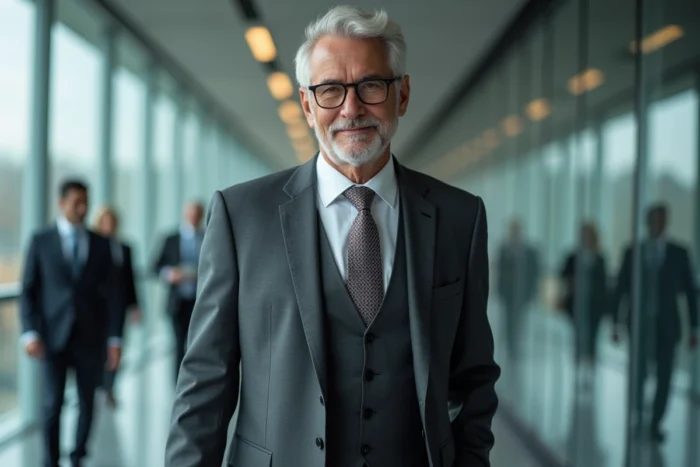 Dirigeant senior du CAC 40 marchant dans un couloir de siège social parisien, portrait éditorial d'un PDG français