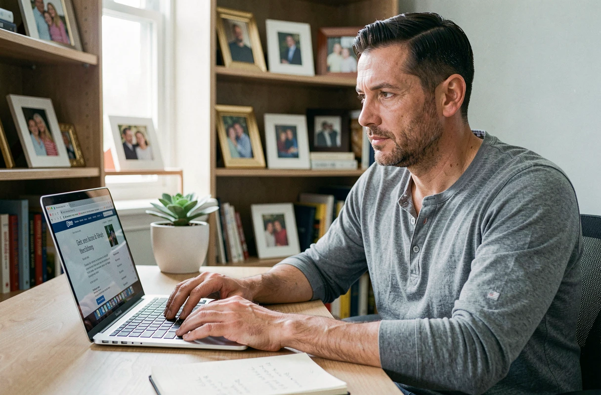 Père consultant des ressources familiales sur un ordinateur portable dans un bureau à domicile organisé
