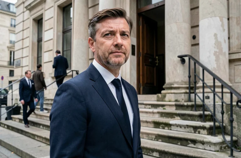 Homme en costume devant un bâtiment officiel, illustrant la frontière entre vie publique et vie privée d'une personnalité publique