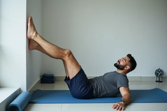 Homme allongé sur un tapis de yoga les pieds surélevés contre un mur pour favoriser le retour veineux et la circulation sanguine