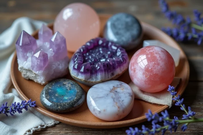 Collection de pierres naturelles polies pour l'anxiété disposées sur bois, incluant améthyste, quartz rose et agate bleue