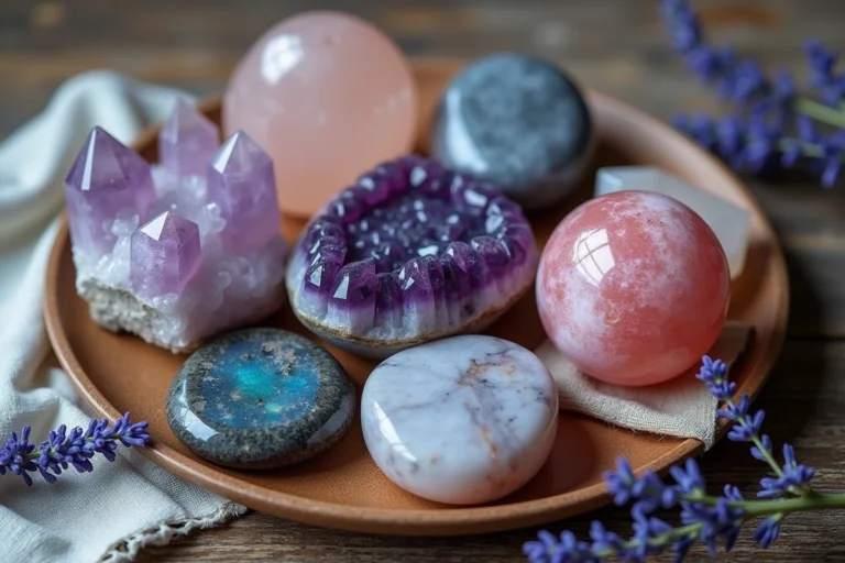 Collection de pierres naturelles polies pour l'anxiété disposées sur bois, incluant améthyste, quartz rose et agate bleue