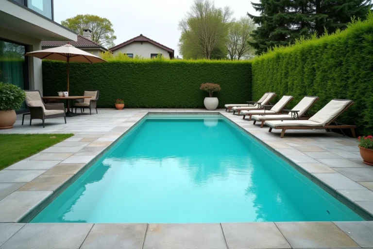 Piscine compacte de 10m2 dans un jardin résidentiel avec terrasse en pierre naturelle et haies vertes