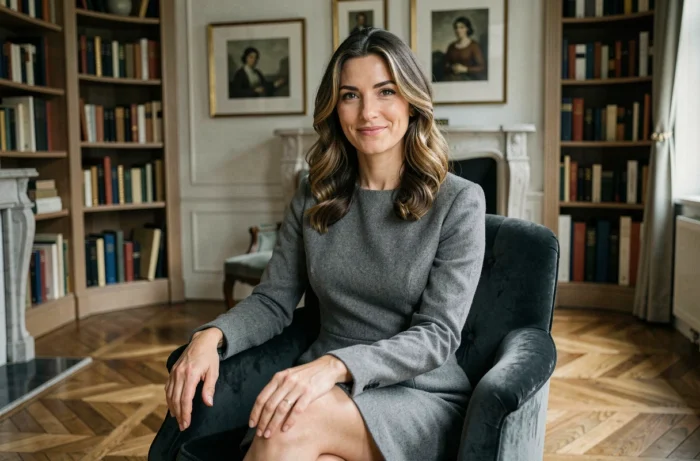 Portrait d'une femme française élégante dans un appartement parisien raffiné, illustrant un article biographique sur une personnalité de la presse française
