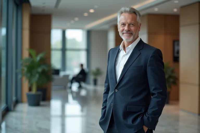 Portrait d'un grand patron français en costume sombre dans un siège social moderne, illustration des leaders du CAC 40