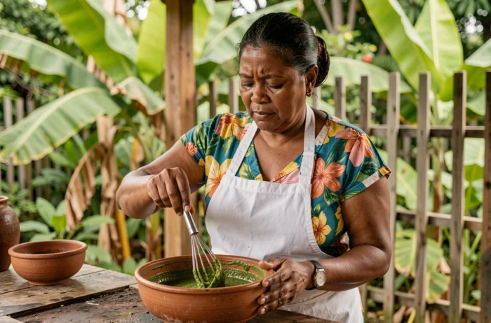 Femme antillaise préparant la sauce chien dans un bol en céramique dans une cuisine extérieure tropicale