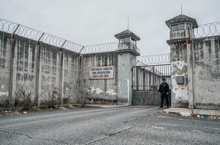 Extérieur d'une prison fédérale mexicaine avec murs en béton et barbelés rouillés, symbolisant l'emprisonnement de Félix Gallardo après sa chute