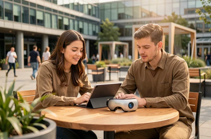 Deux jeunes professionnels collaborant autour d'une tablette pliable et d'un casque de réalité augmentée dans un campus technologique urbain