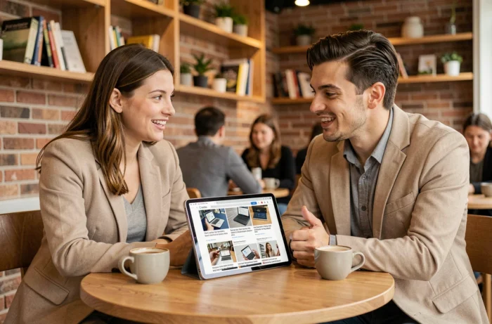 Deux jeunes professionnels discutant d'articles tech et innovation sur une tablette dans un café moderne