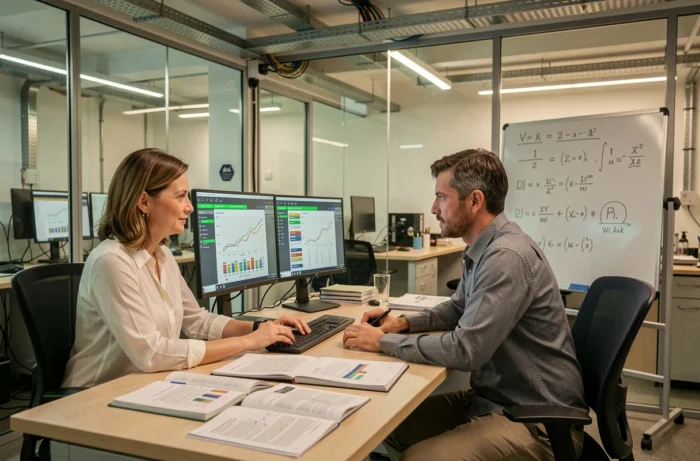 Deux professionnels en laboratoire de recherche analysant des modèles d'optimisation de productivité représentant la croissance économique intensive