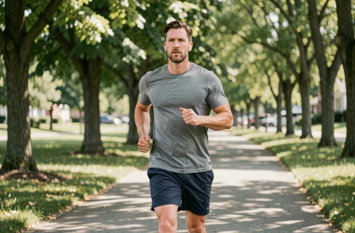 Un homme en tenue de sport faisant du jogging sur un sentier boisé, illustrant un programme d'activité physique contre la dépression légère