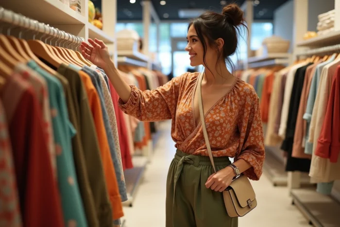 Femme en blouse imprimée terracotta et pantalon large olive dans le style Promod, feuilletant des vêtements dans une boutique de mode française contemporaine