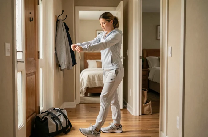 Une femme rentrant d'une marche matinale et se préparant pour une bonne nuit de sommeil grâce à l'activité physique diurne