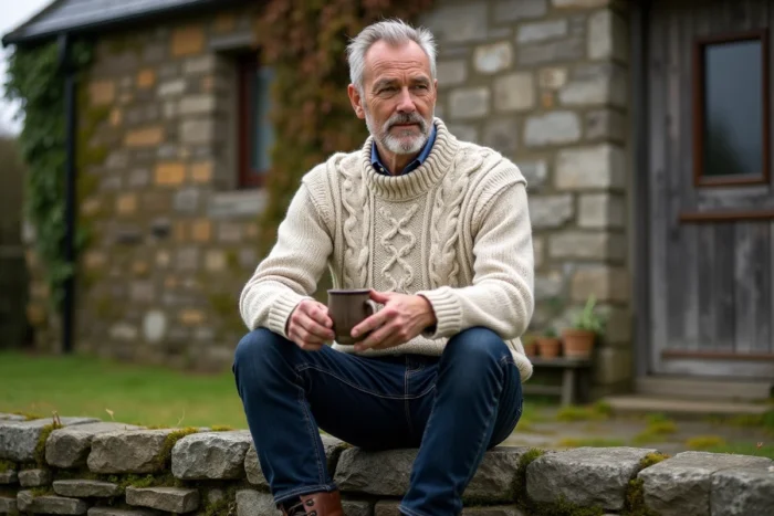 Homme en pull marin en laine torsadée artisanal assis sur un muret en pierre devant une ferme bretonne traditionnelle en ardoise