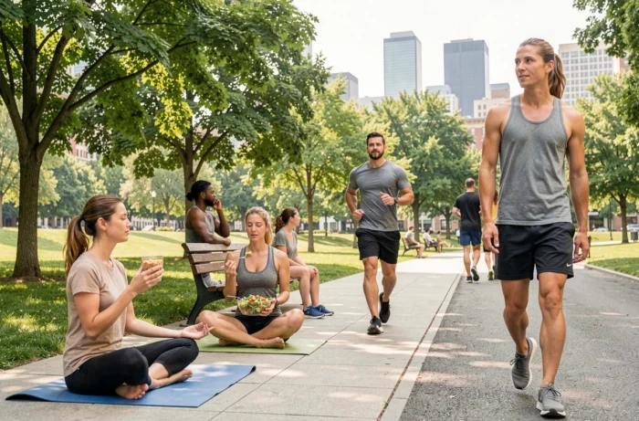 Un groupe d'adultes pratiquant différentes activités saines dans un parc urbain : méditation, repas équilibré et jogging