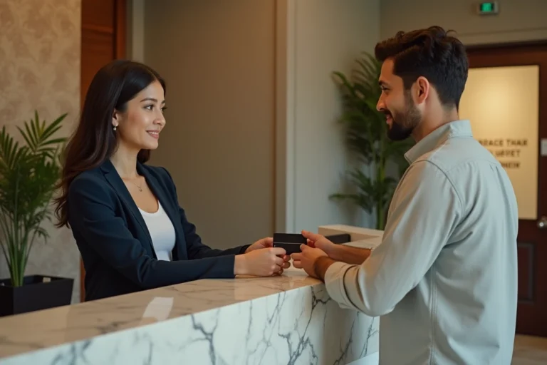 Réceptionniste d'hôtel remettant une carte-clé à un client lors de son enregistrement à la réception
