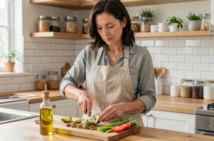 Une femme préparant un repas sain avec de l'avocat, de l'huile d'olive et des noix, privilégiant les graisses insaturées aux acides gras saturés